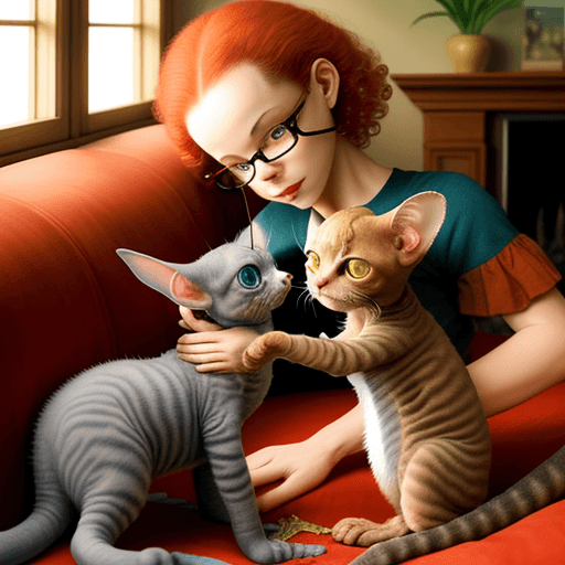 AI generated: Adorable Devon Rex kitten playing with fish, cozy living room, sunlight, Red mother cat is touched, ...