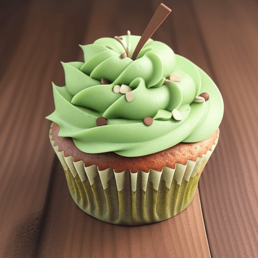 AI generated: a green apple cupcake have  green apple chip  on it,on a   wooden table, texture on wood.sprinkle on...