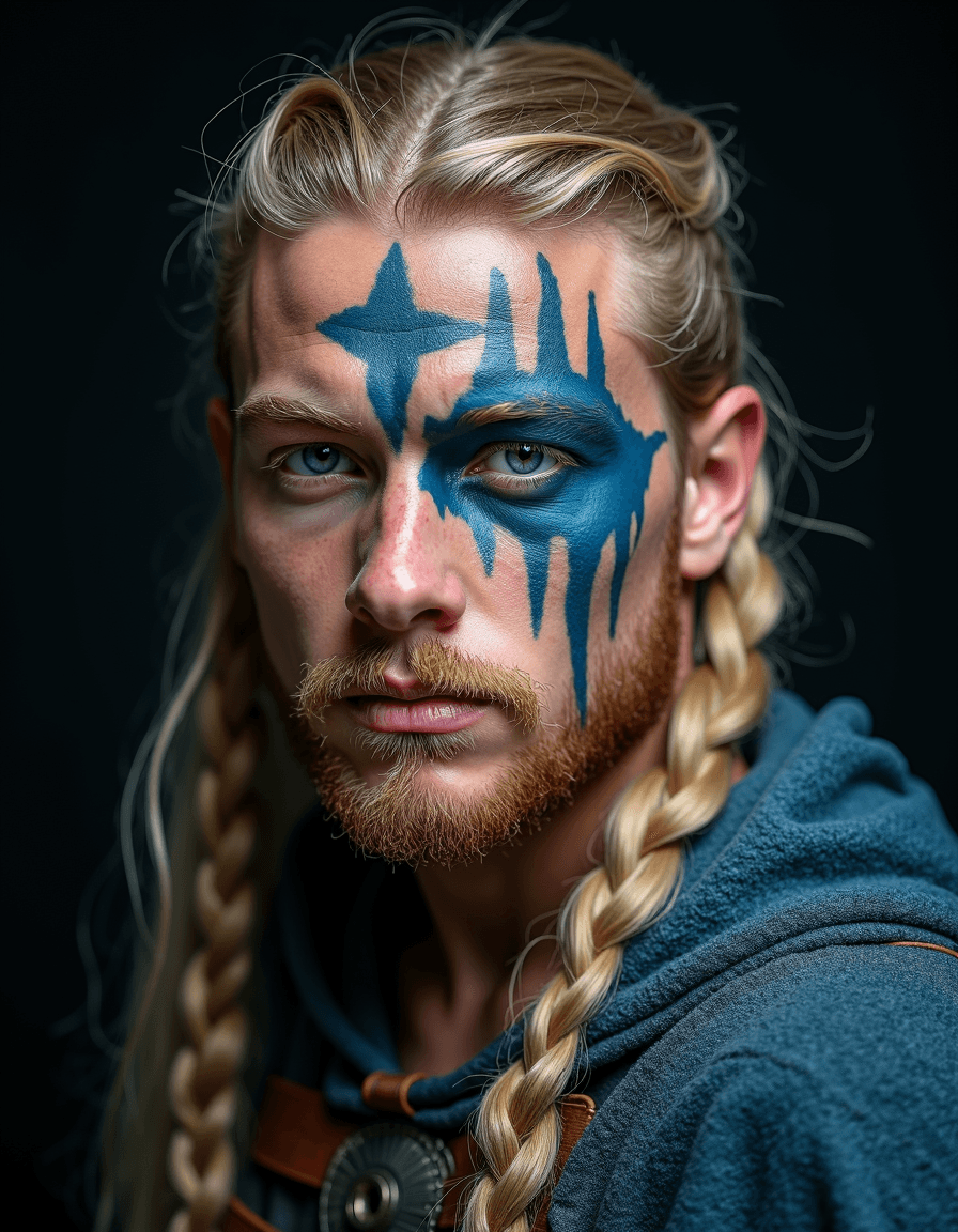 AI generated: hyperrealistic style, portrait photo of a teen male (Viking warrior:1.3), viking (runes:1.3) make up...