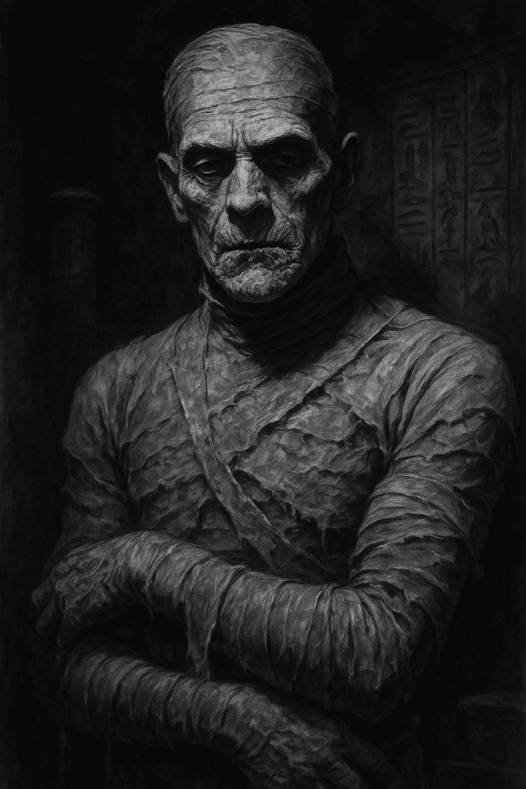 AI generated: Create a black and white illustration of the mummy character portrayed by Boris Karloff in the iconi...