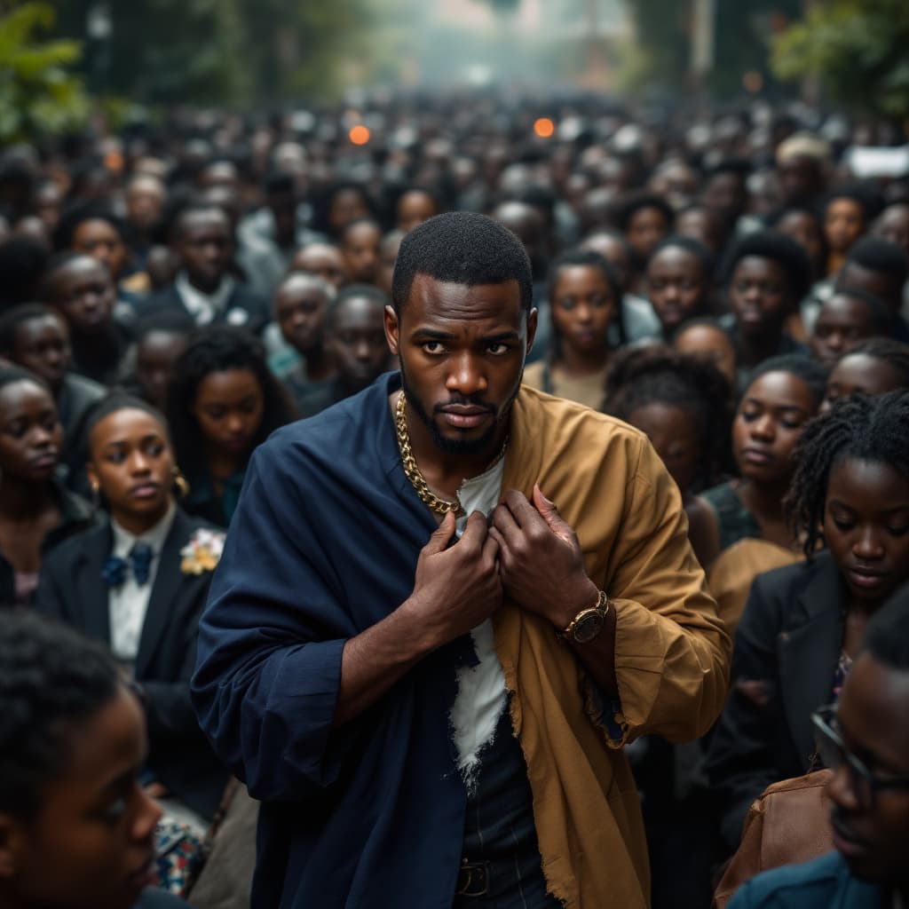 AI generated: In the heart of a bustling university campus in nigeria is a student gripping the partially torn clo...