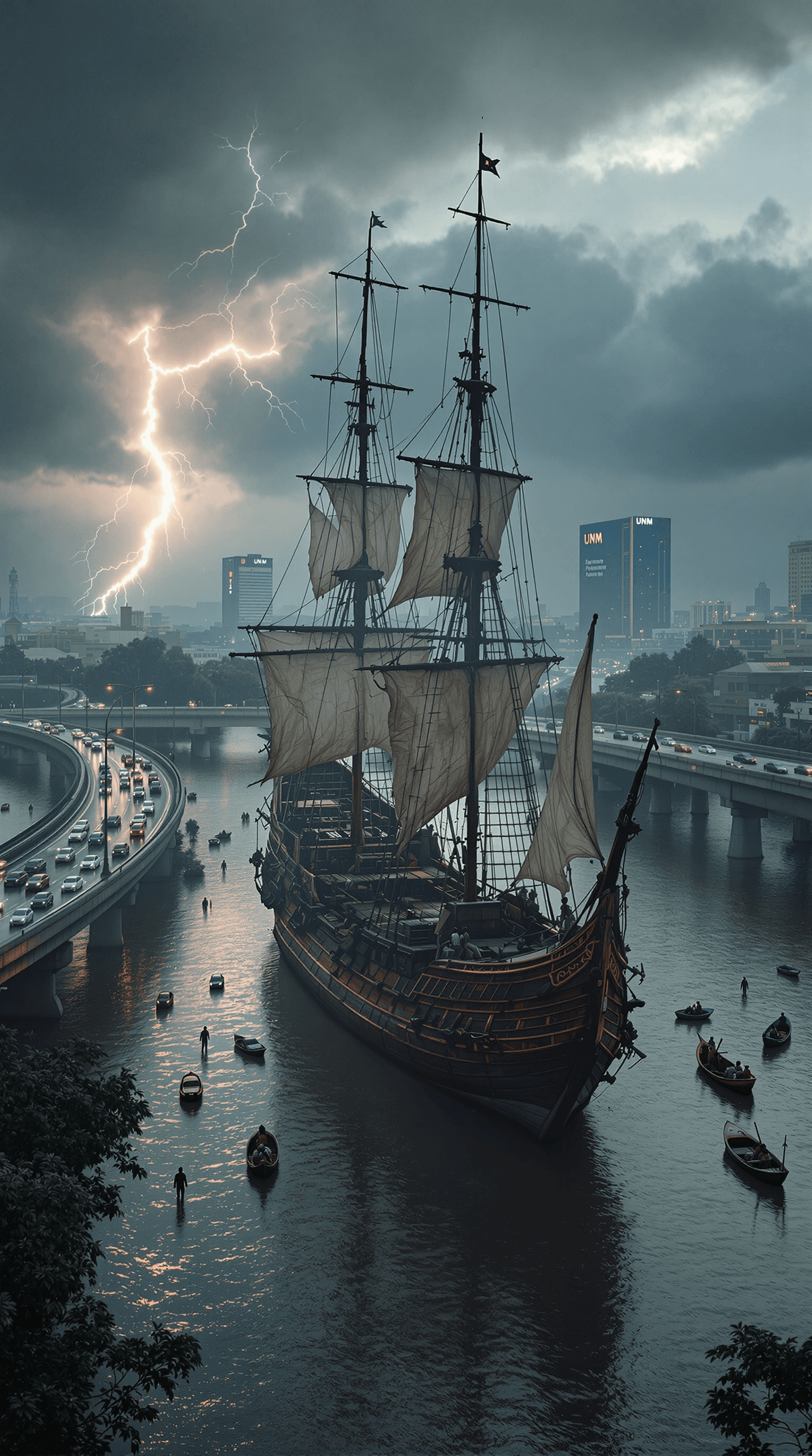 AI generated: Create a hyper-realistic bird’s-eye view of a 16th-century pirate ship stranded in the middle of a f...