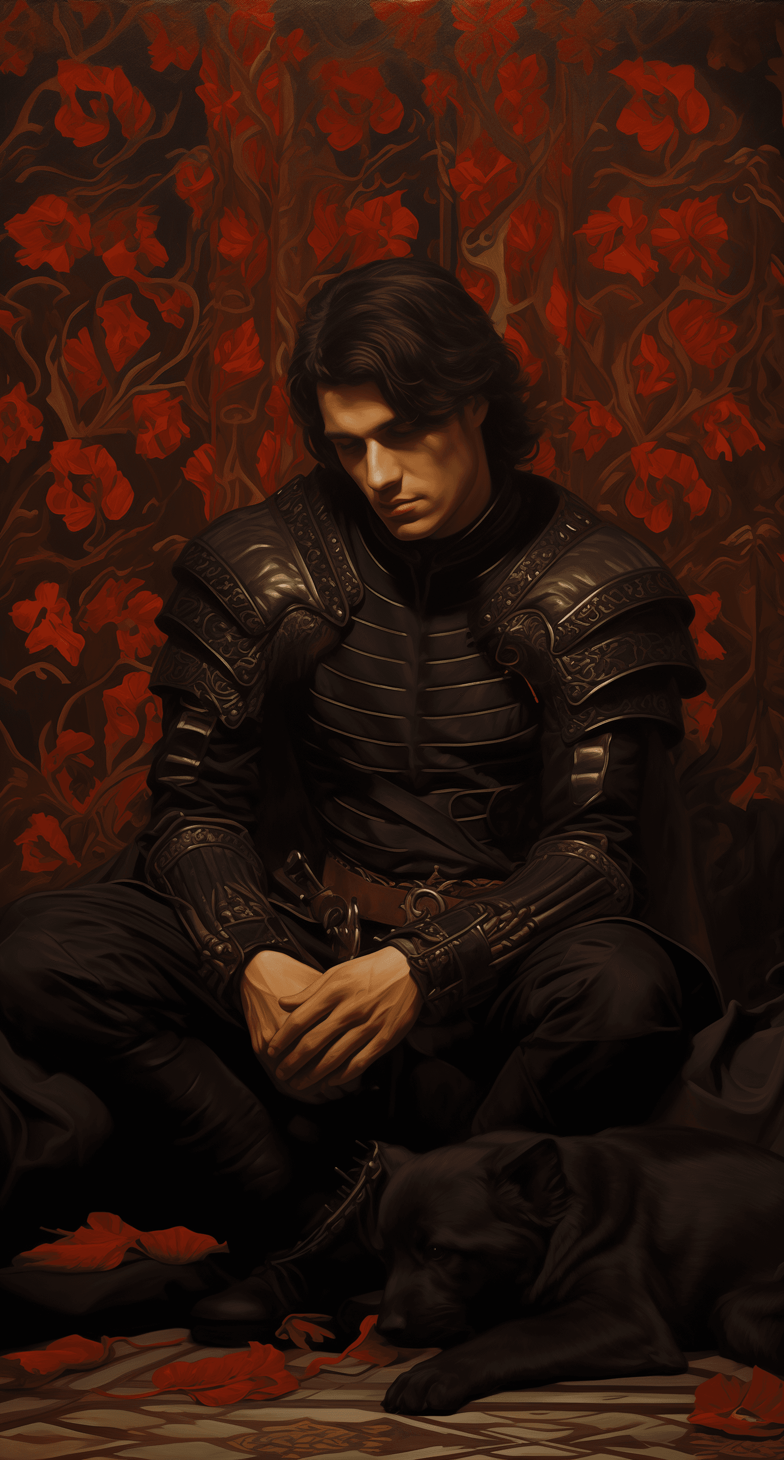AI generated: A dark haired man in black armor sits on a red blanket, in the style of Robert Bissell and Larry Elm...