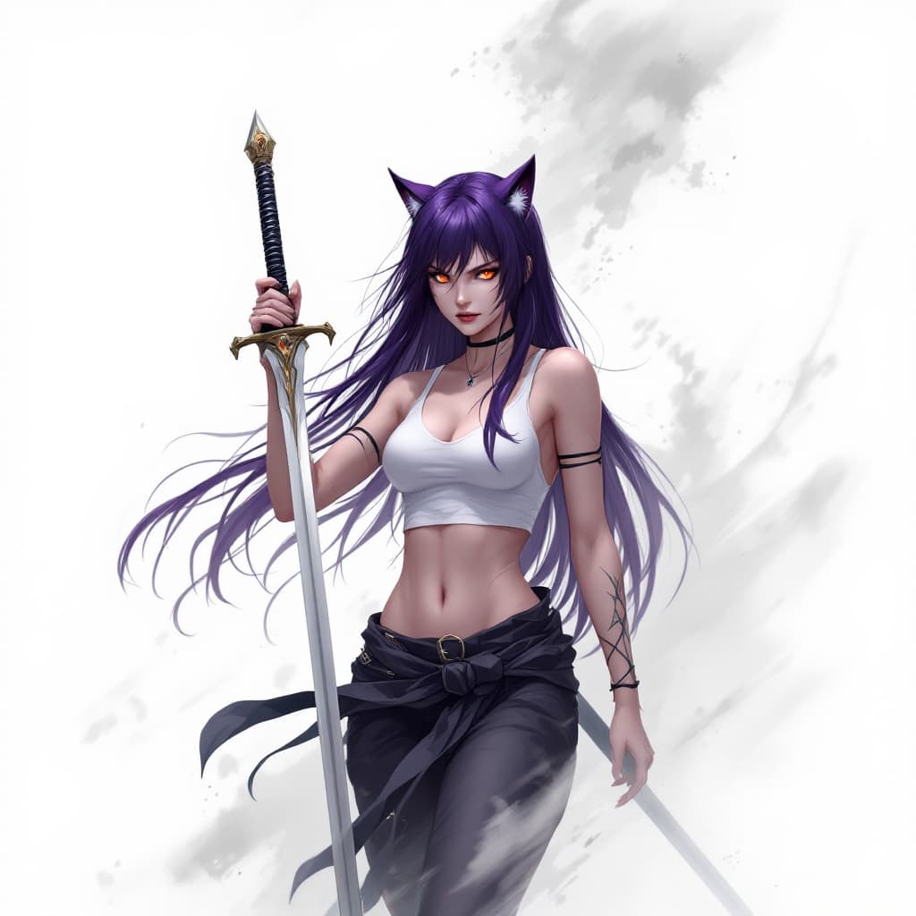 AI generated: 1 woman, weapon longsword, long hair, dark purple hair,cat ears, white background, solo, looking at ...