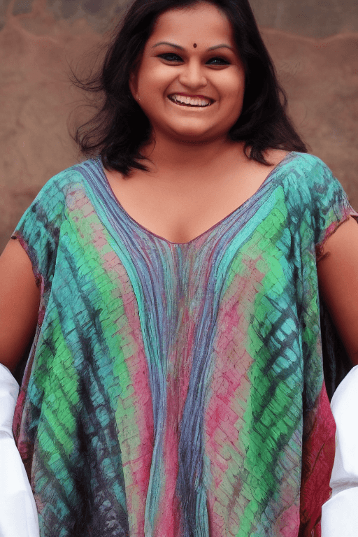 AI generated: dark background, dramatic light, backlight, rim lighting, (chubby:0.3), indian woman 36 yo, laughing...