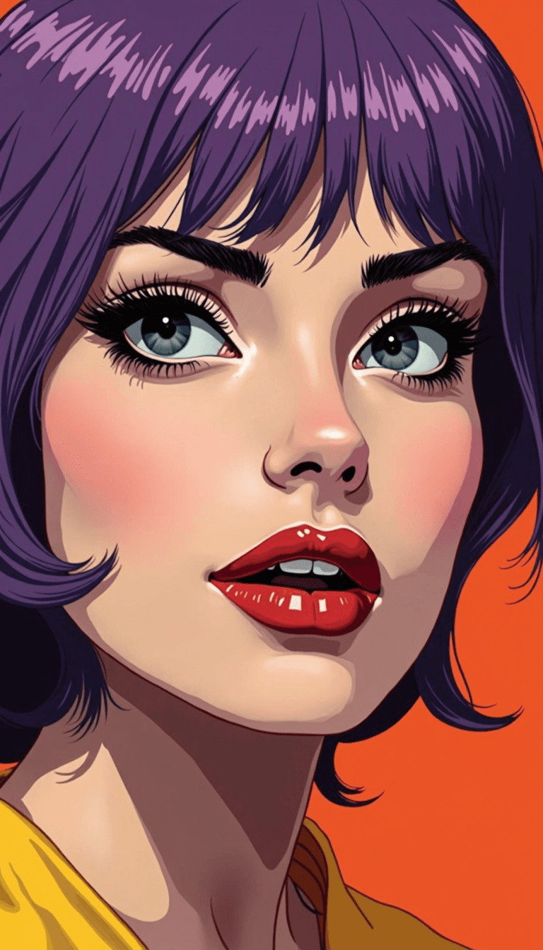 AI generated: A close-up portrait of a woman with vibrant purple hair, blending the bold, graphic style of Andy Wa...