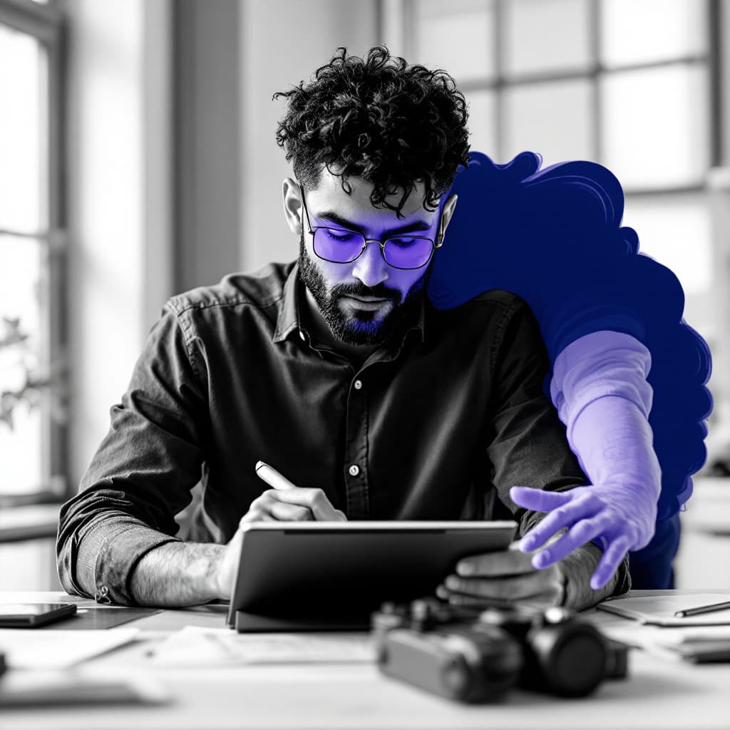 AI generated: A black-and-white photograph of a creative professional working on a digital tablet, with a flat-sty...