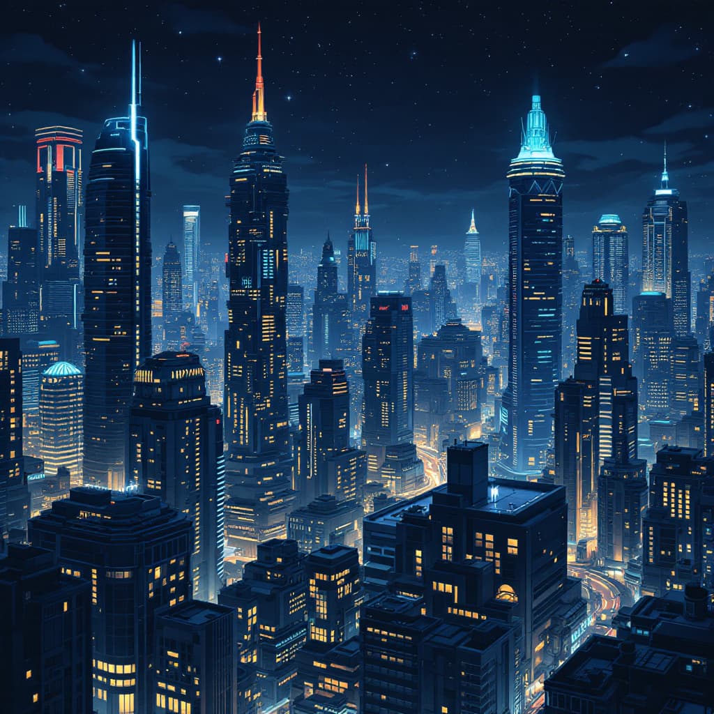 AI generated: Futuristic city at night. Many buildings. 
