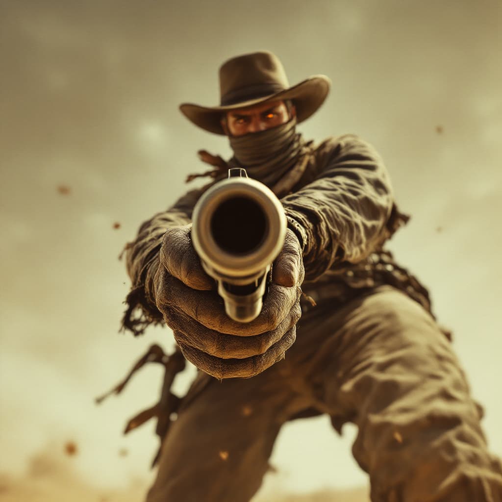 AI generated: Eye-level from the dusty, desolate ground, the scene unfolds like a classic Western showdown. A rugg...