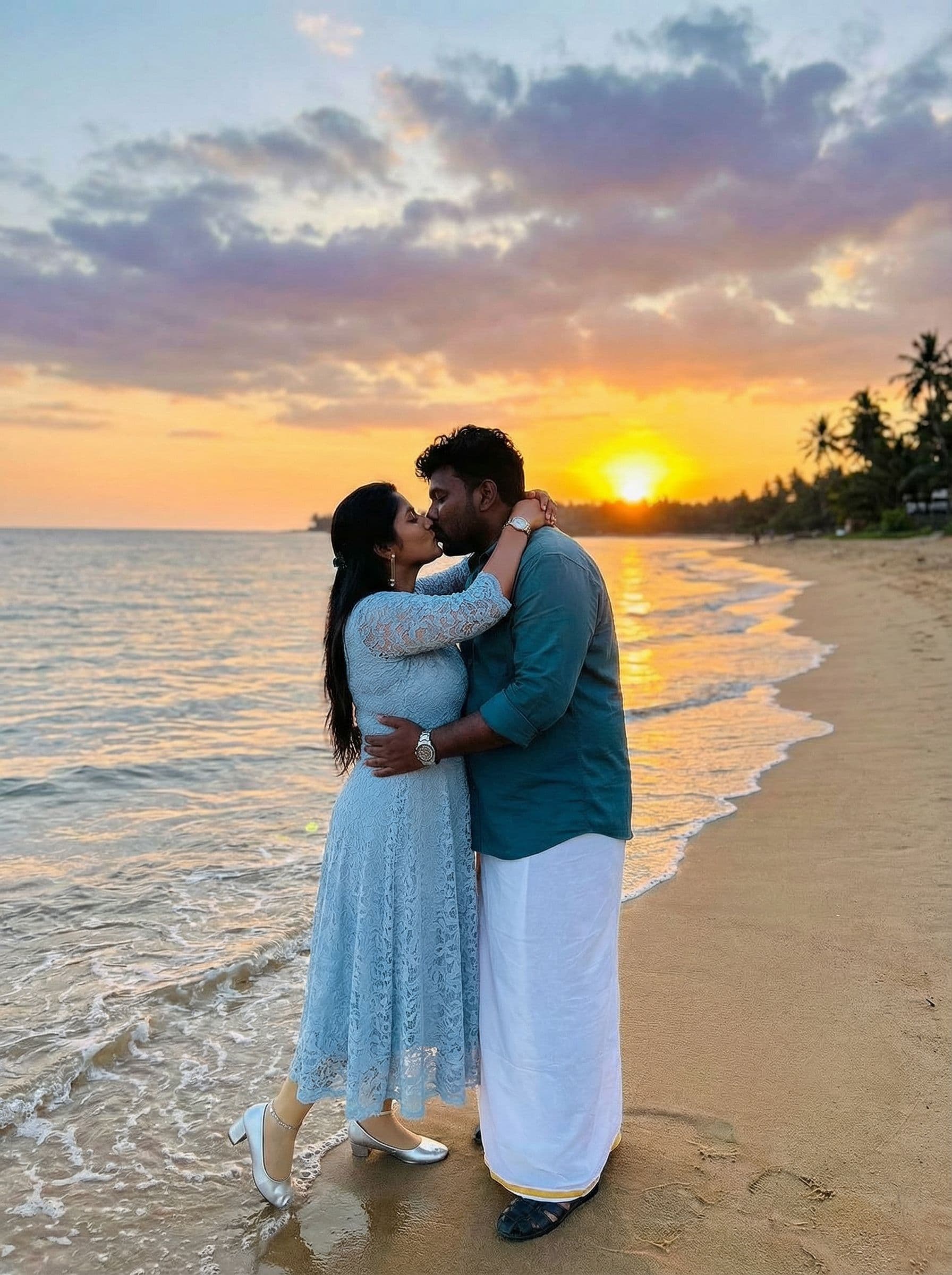AI generated: Make both hugging and kissing in beach background