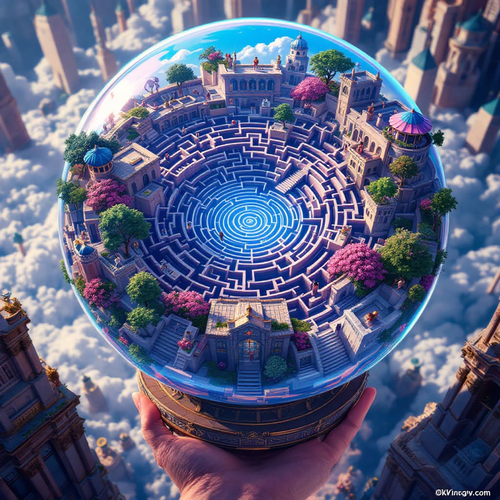 AI generated: Hypnotic Maze, peoples, Challenging Maze, Impossible Geometry,  Surreal Photography Within A Glass S...