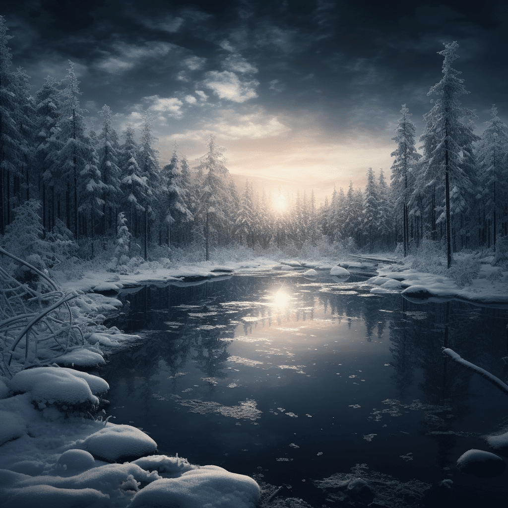AI generated:  small lake surrounded by a frozen taiga forest, snow on the trees, winter, complex details, masterp...