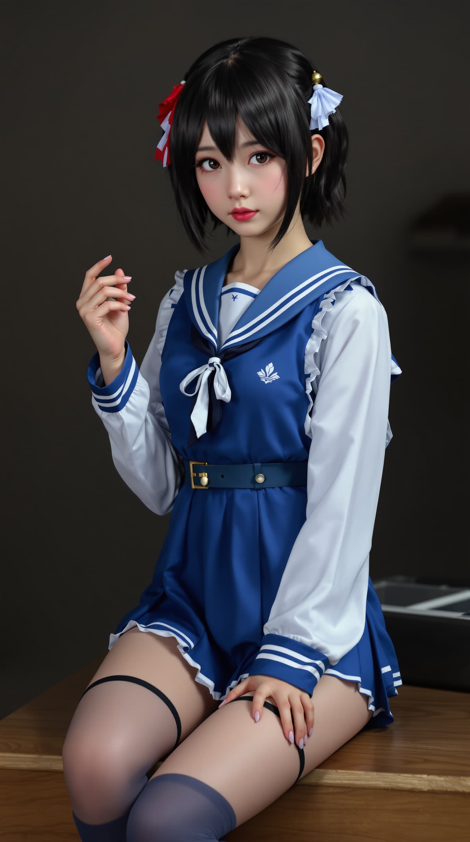 AI generated: A hyper-realistic depiction of thirteen year old cosplayer as Rin Kaga










