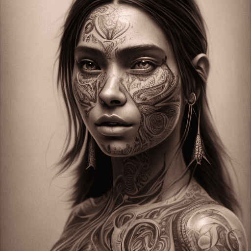 AI generated: hyper realistic photograph, portrait of a tattooed southamerican indigenous woman with BROWN eyes an...