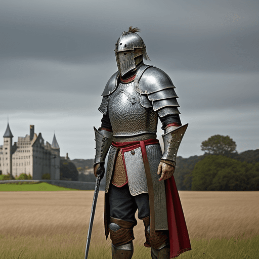 AI generated: A determined knight with a weathered face, wearing a slightly tarnished chainmail armor with a red t...