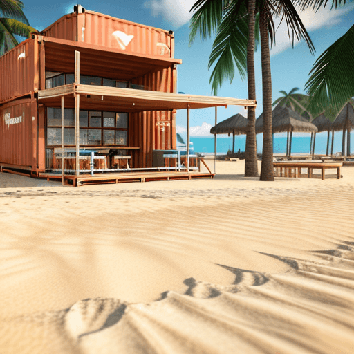 AI generated: A building which contains a beach bar and a restourant, wood, detailed, archviz render, building to ...