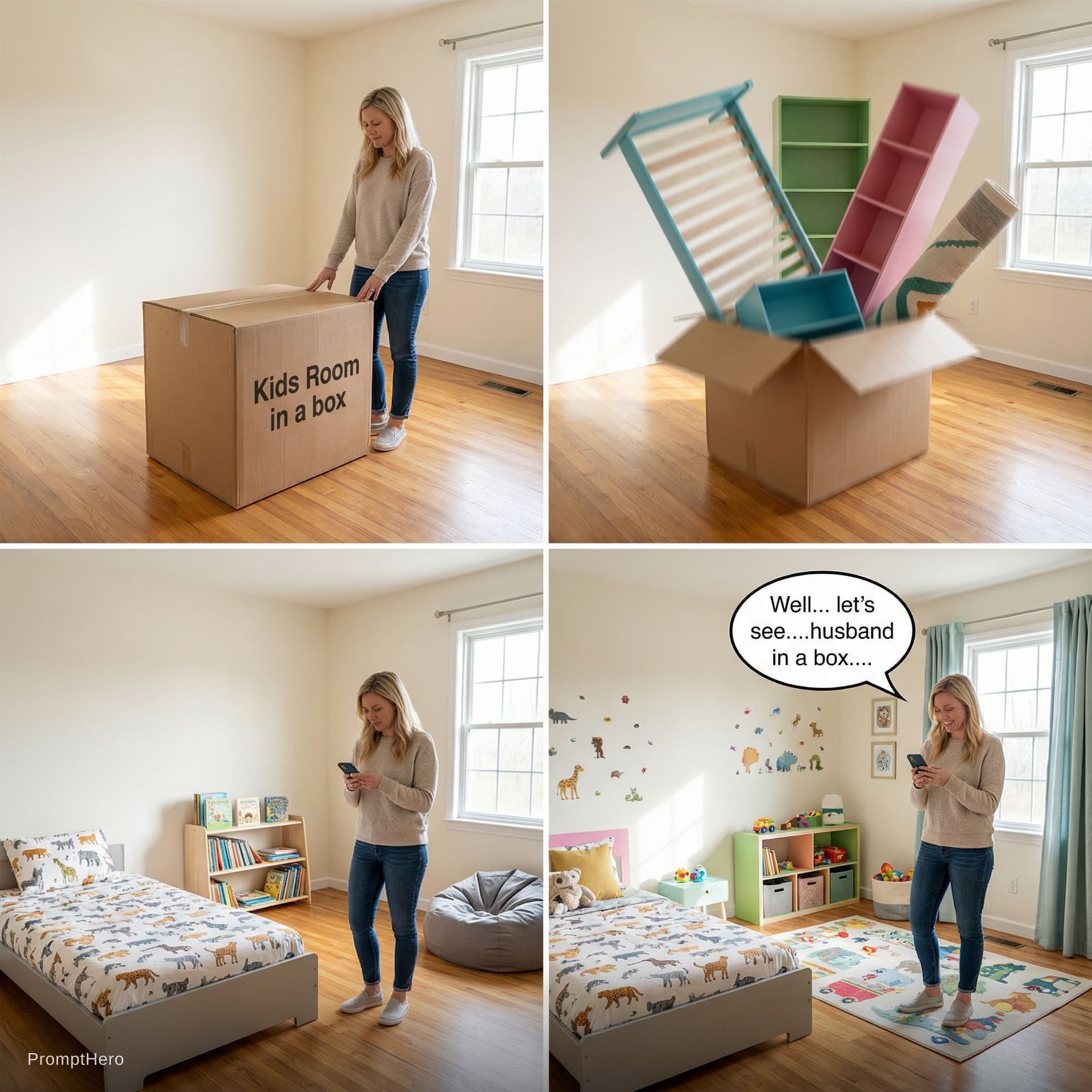 AI generated: 
  "scene and action": "A woman stands in a completely empty kids bedroom in the morning light. A se...
