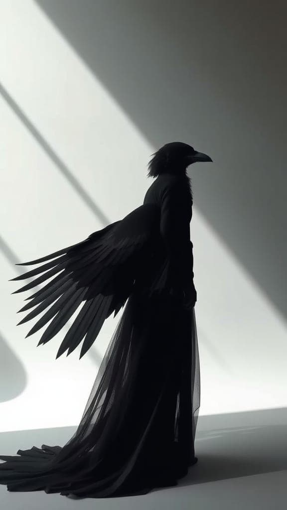 AI generated: a conceptual infrared black and white image of a fashion piece resembling a living shadow—a black bi...