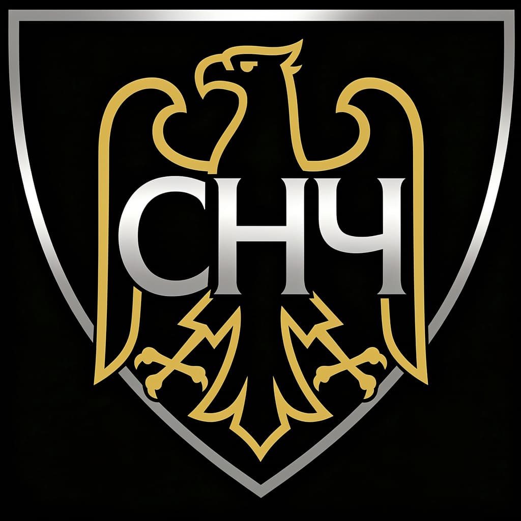 AI generated: Minimalist heraldic emblem, proud imperial eagle with wings forming subtle abstract CH / Ч monogram ...