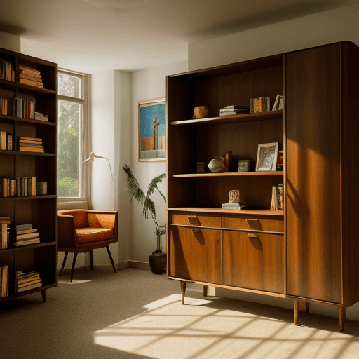 AI generated: Hyper realistic photo of a mid century modern style owl with glasses in front of a cupboard with lot...