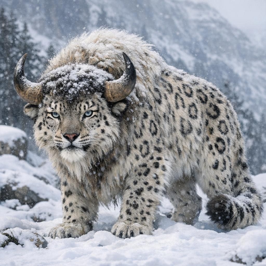 AI generated: create a new creature that is a mix of a Snow Leopard and a Bison