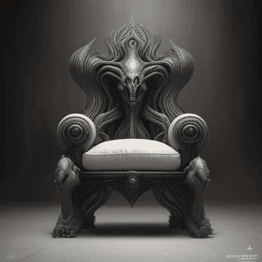AI generated: huge HR Giger style chair, concept furniture, painting on grey, hyper realistic, illustration, digit...