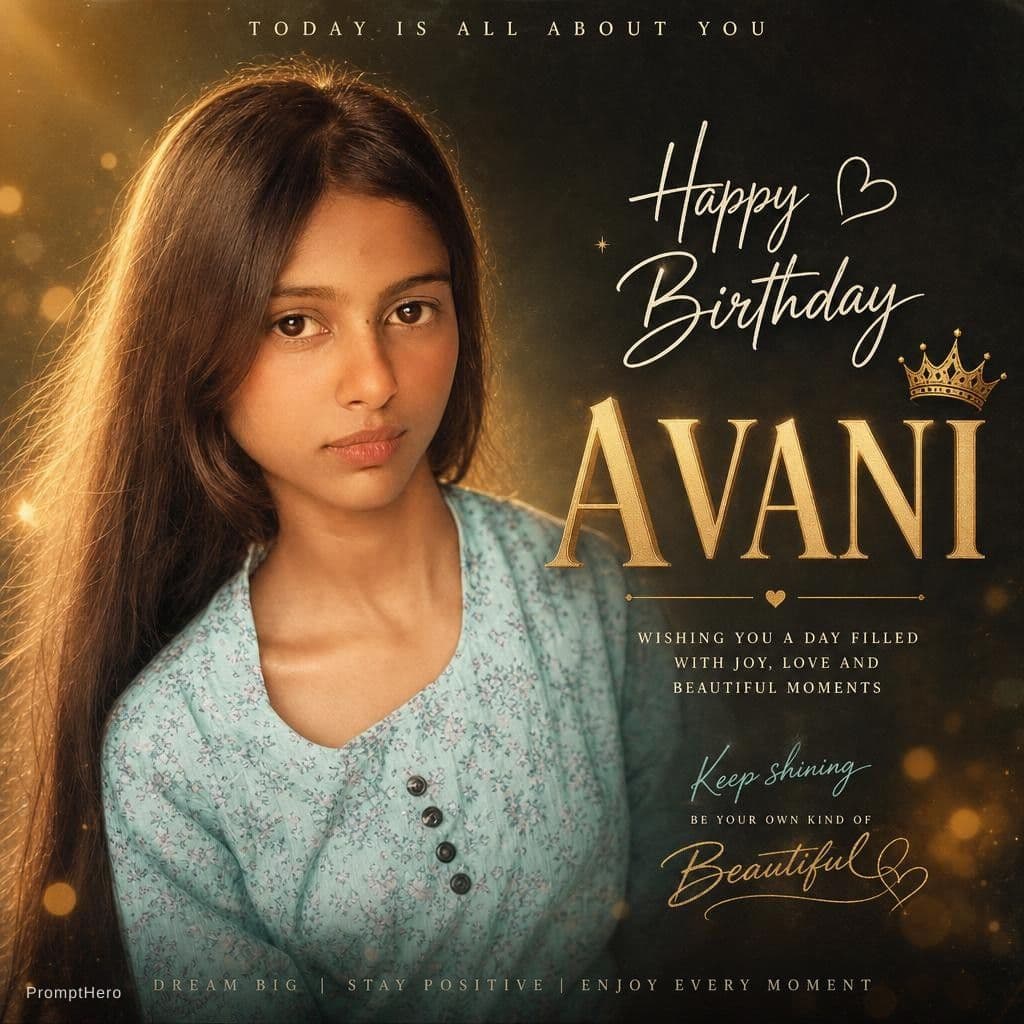AI generated: Happy birthday Avani using the image of left side girl with cinematic poster