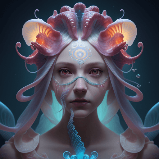 AI generated: Goddess close-up portrait ribcagel. jellyfish phoenix head, nautilus, orchid, skull, betta fish, bio...