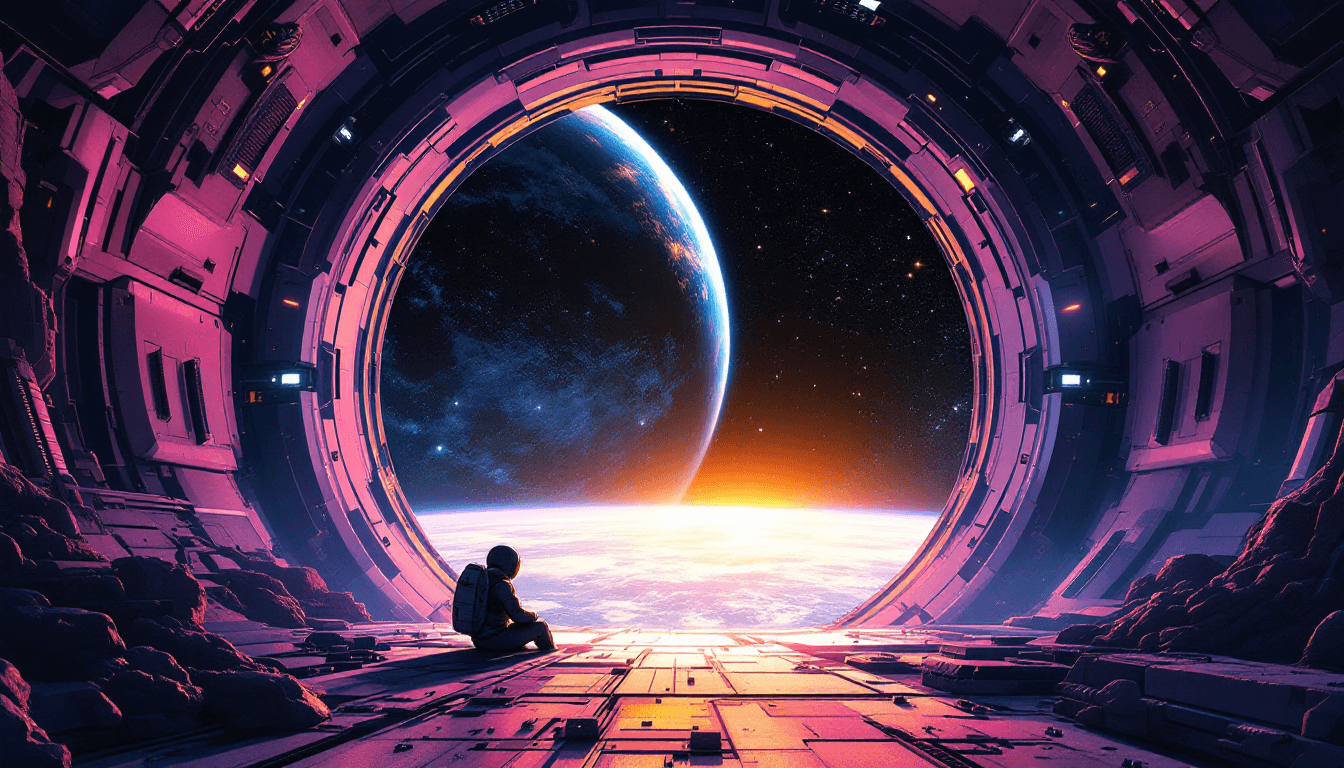 AI generated: illustration art, sci-fi concept, a small futuristic astronaut sitting at the threshold of a giganti...