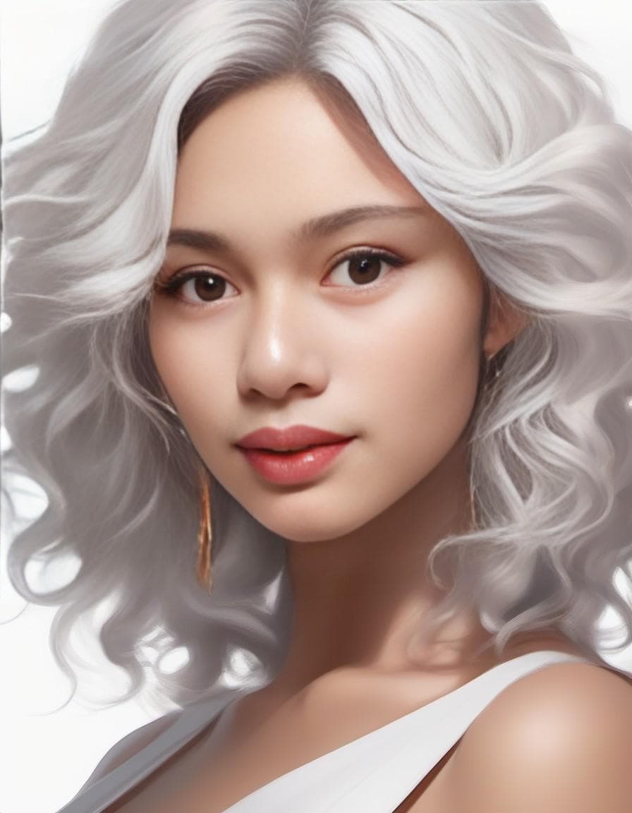 AI generated: White hair, silver eyes, Asian girl with wavy shoulder-length white curly hair, gorgeous appearance,...