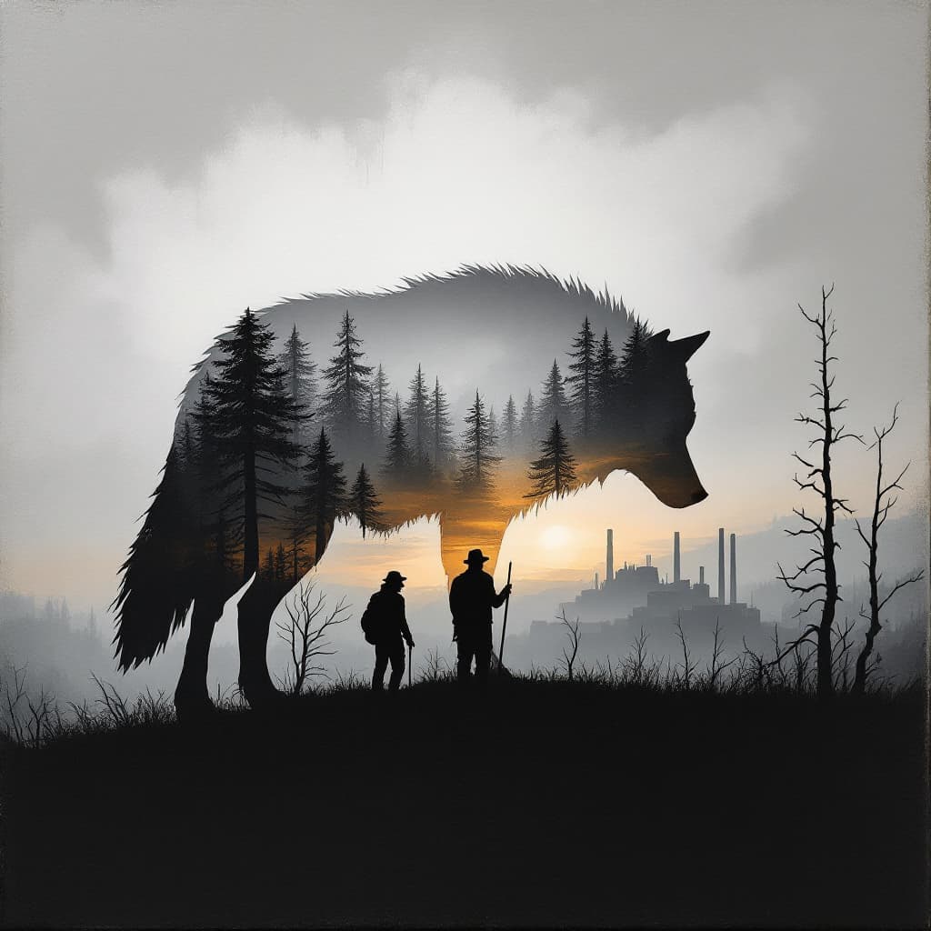 AI generated: oil painting, cardboard like silhouette of a wolf, head down, low tail, inside wolf silhouette, outl...