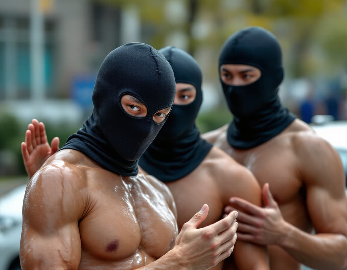 AI generated: Police arrest three Chinese men athletes next to a car during the day. Their hands are upwards. They...