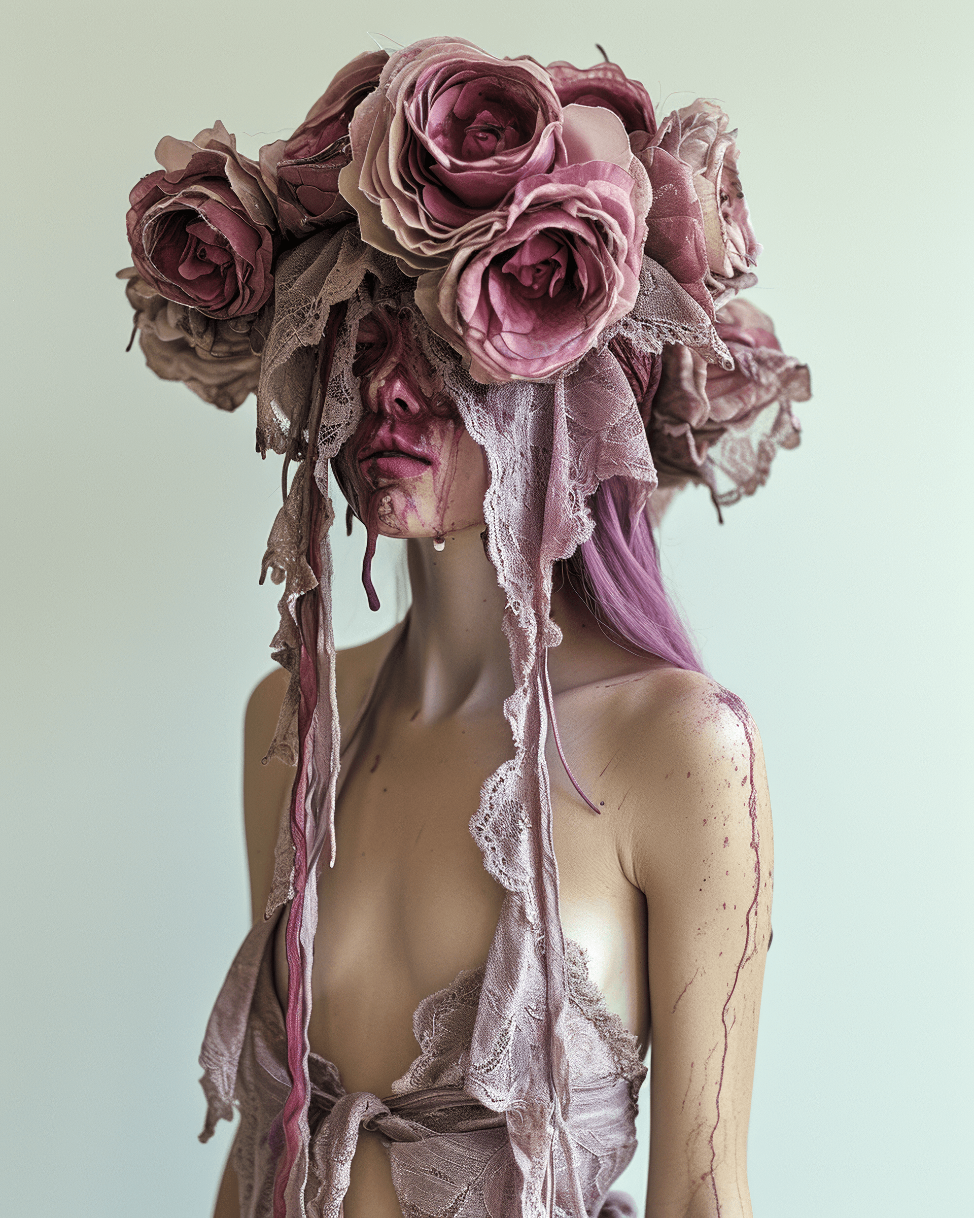 AI generated: a woman wearing pink lace with purple dye on her hair, in the style of dark white and dark red, proc...