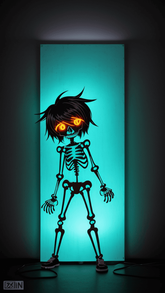 AI generated: a neon smashed up wall with a light coming out in the middle, in the style of anime art, skeletal, l...
