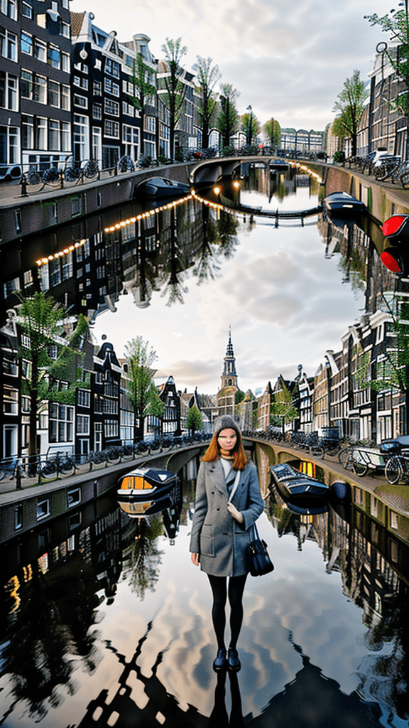 AI generated: Generate an image of a woman in Amsterdam during the early morning. She is standing on a bridge over...