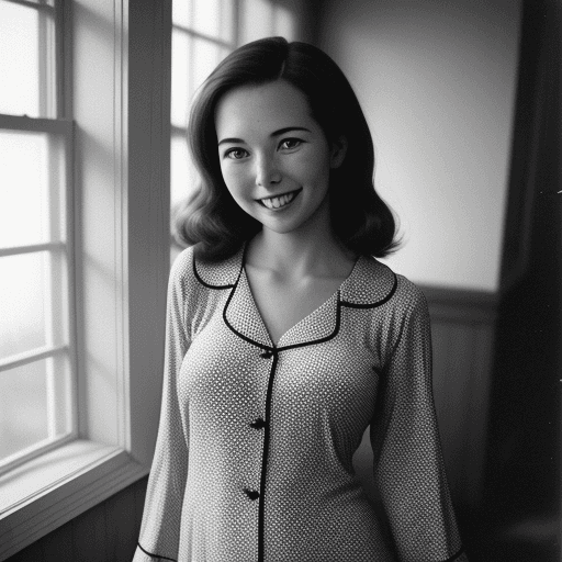 AI generated: Whole body photo of a pretty woman wearing old-fashioned polkadot pajamas, smiling slightly, daytime...
