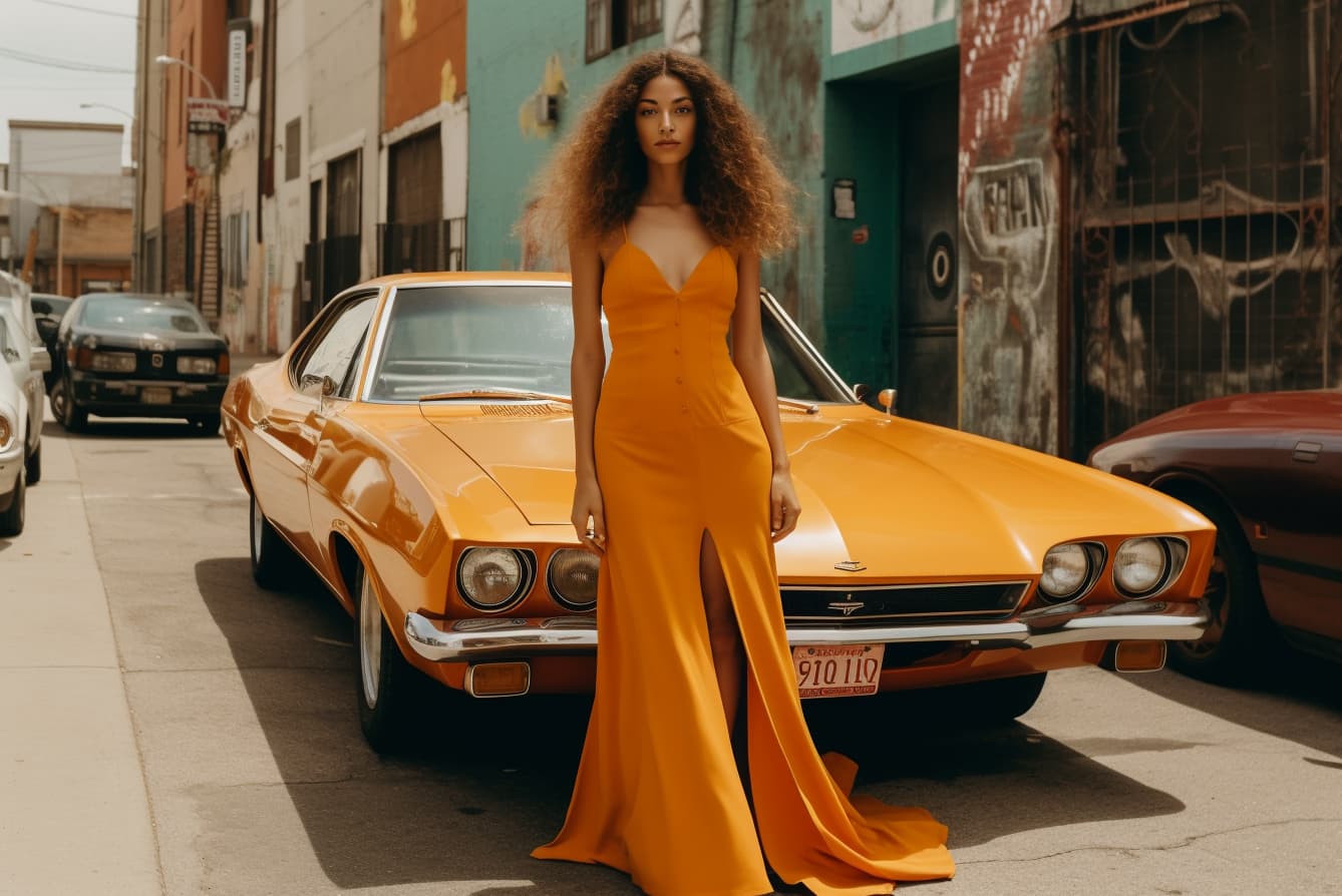 AI generated: a woman standing in front of an orange car, wearing light orange slit dress .photography fashion edi...