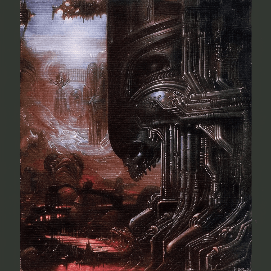 AI generated: Cinematic, dark science fiction art in the style of Giger and in the style of Frank Frazetta. A huge...