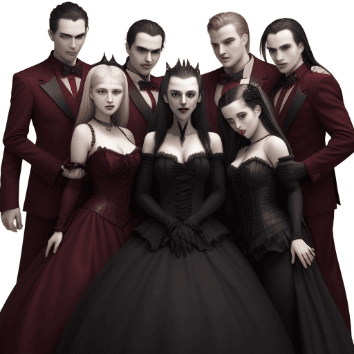 AI generated: photo with 7 vampires and in the middle there is a girl. the vampires wangt to dance with the girls....