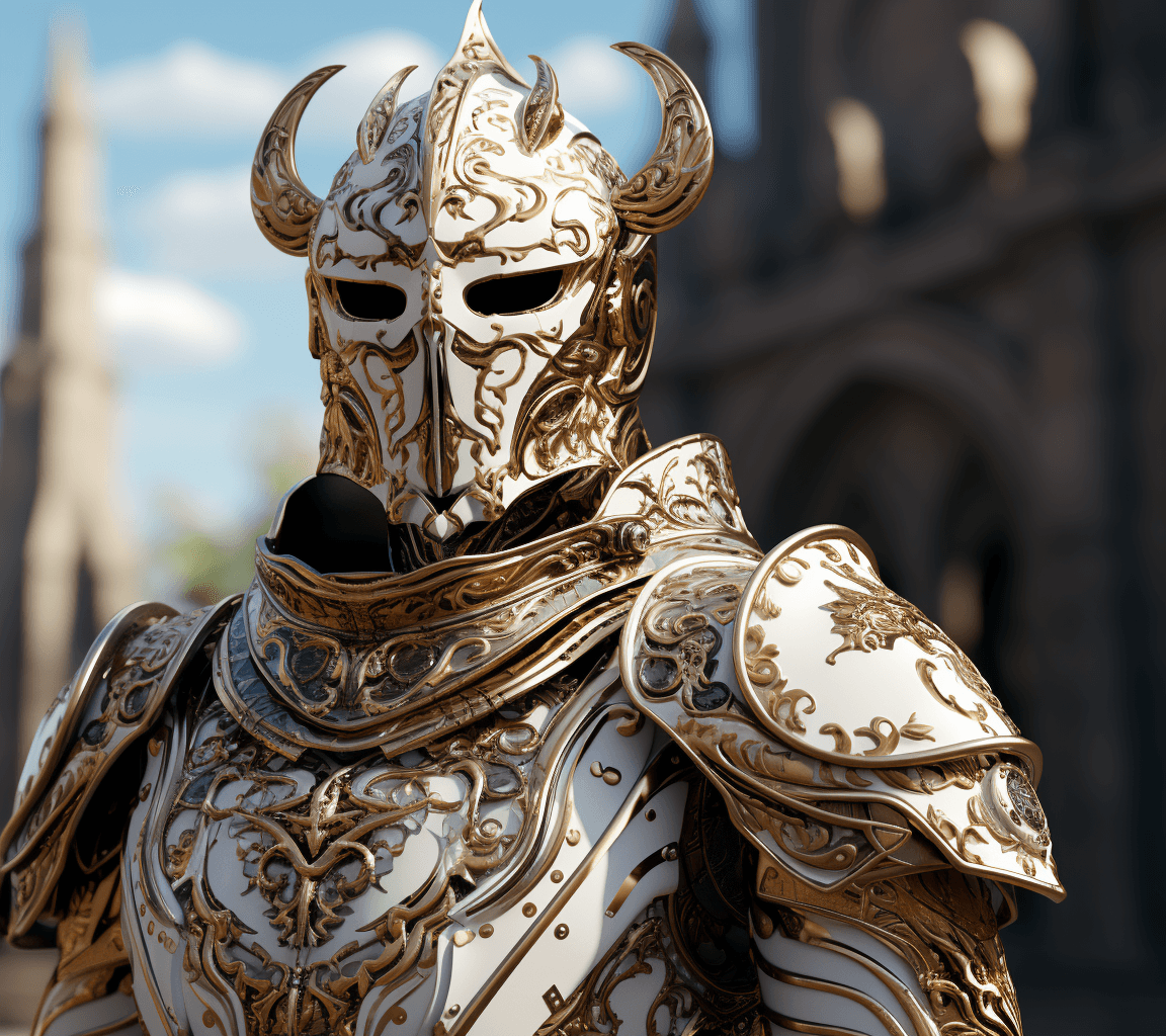 AI generated: a high class knight is in action, in the style of rendered in unreal engine, dark gold and white, cl...