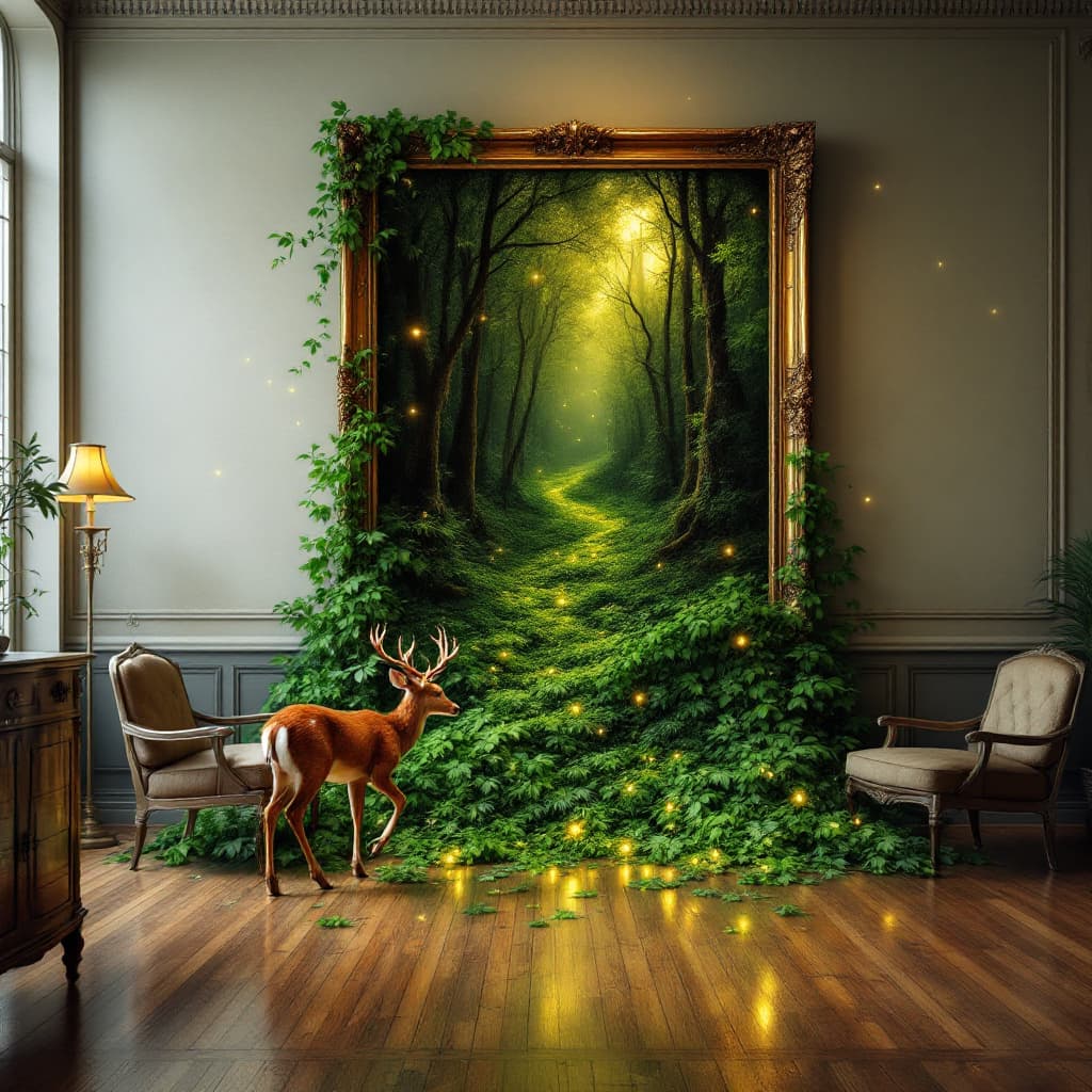 AI generated: A surreal photograph of a mystical forest seeping out of an oil painting on a museum wall and onto t...