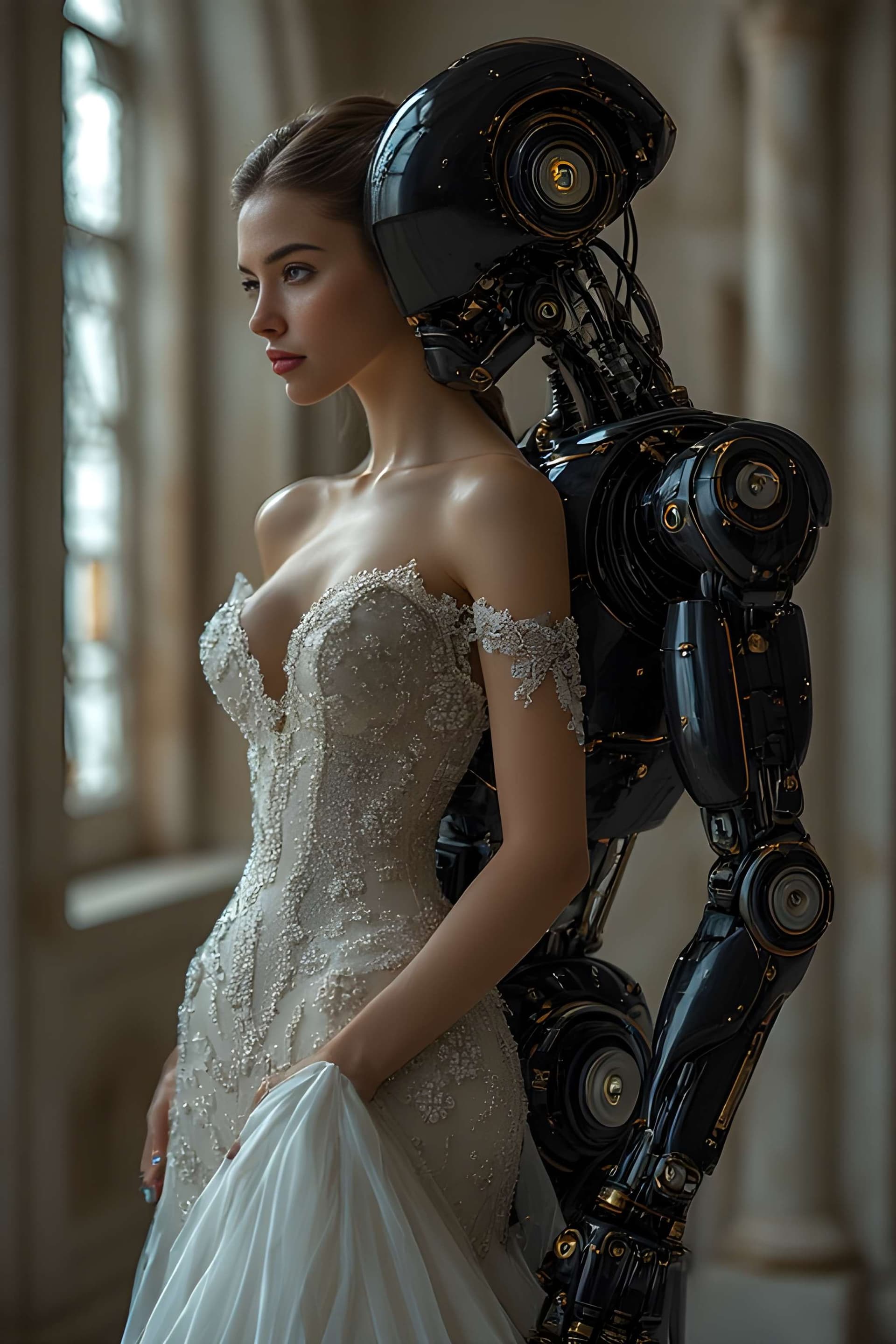 AI generated: A beautiful young woman in a flowing, intricately beaded white wedding gown, standing in a grand, cl...