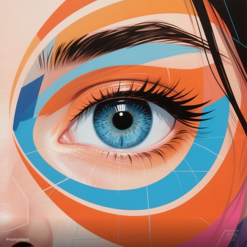 AI generated: Close-up illustration of a human eye in a bold vector pop-art style.

Bright blue iris with detailed...