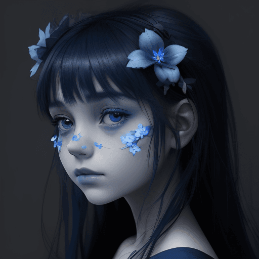 AI generated: a beautiful picture of a girl with blue flowers on her face, in the style of monochromatic paintings...