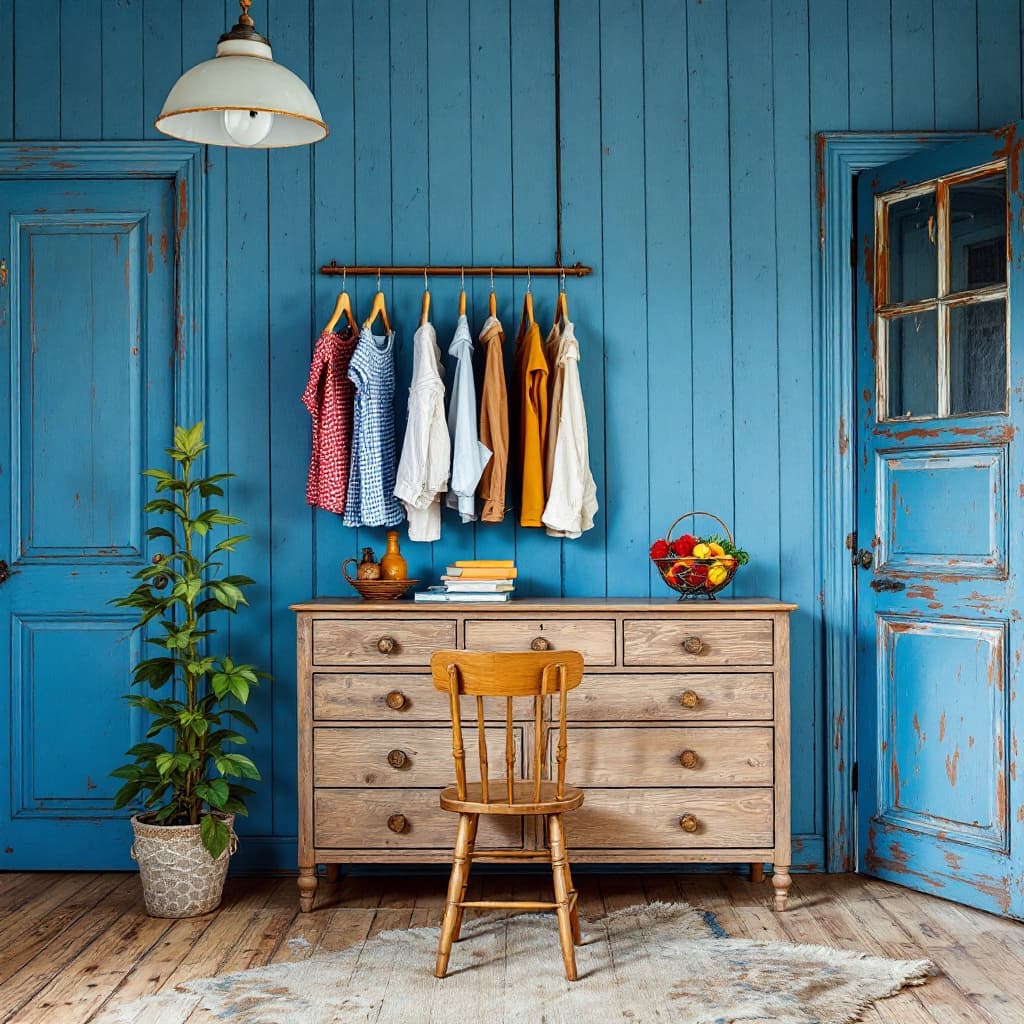 AI generated: blue painted wood walls, wooden dresser with hanging on hangers above it, small chair in front of th...