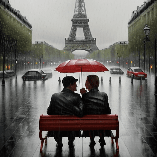 AI generated: This is a romantic and evocative painting capturing a couple sharing an umbrella during a rain showe...