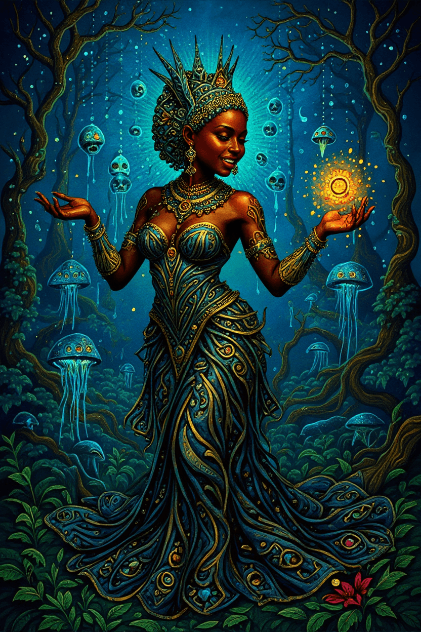 AI generated: **"Reine Vodou: Communion with the Loa"**  

**The Divine Sovereign**  
- A **Haitian Vodou queen...