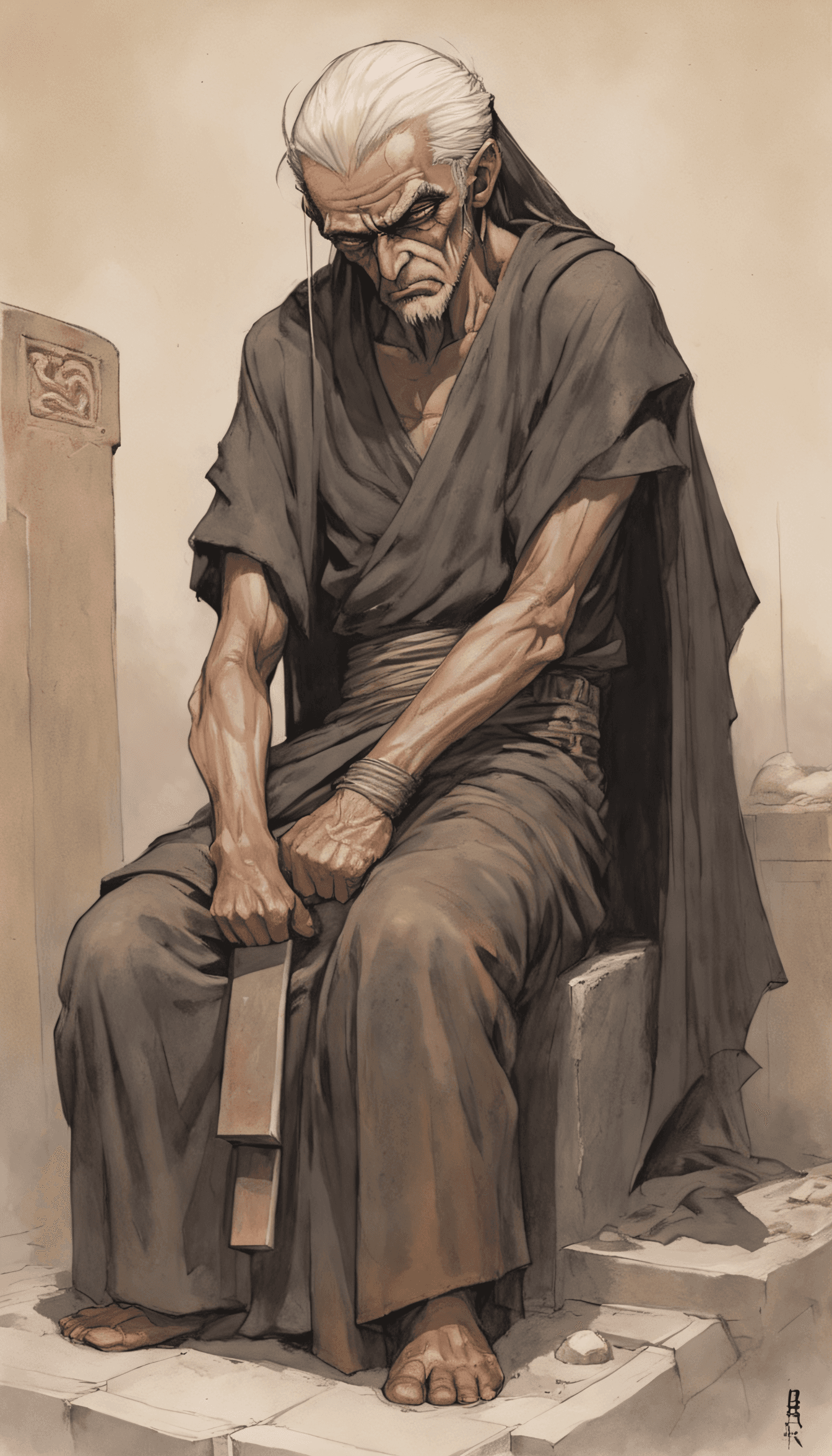 AI generated: Repulsive disrespectful grave robber A Old Man, style of Enki Bilal. Defiling tombs and violating th...