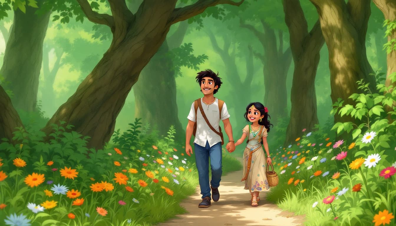 AI generated: "Depict Rohan and Meera walking hand-in-hand on a narrow forest path. The path is lined with colorfu...
