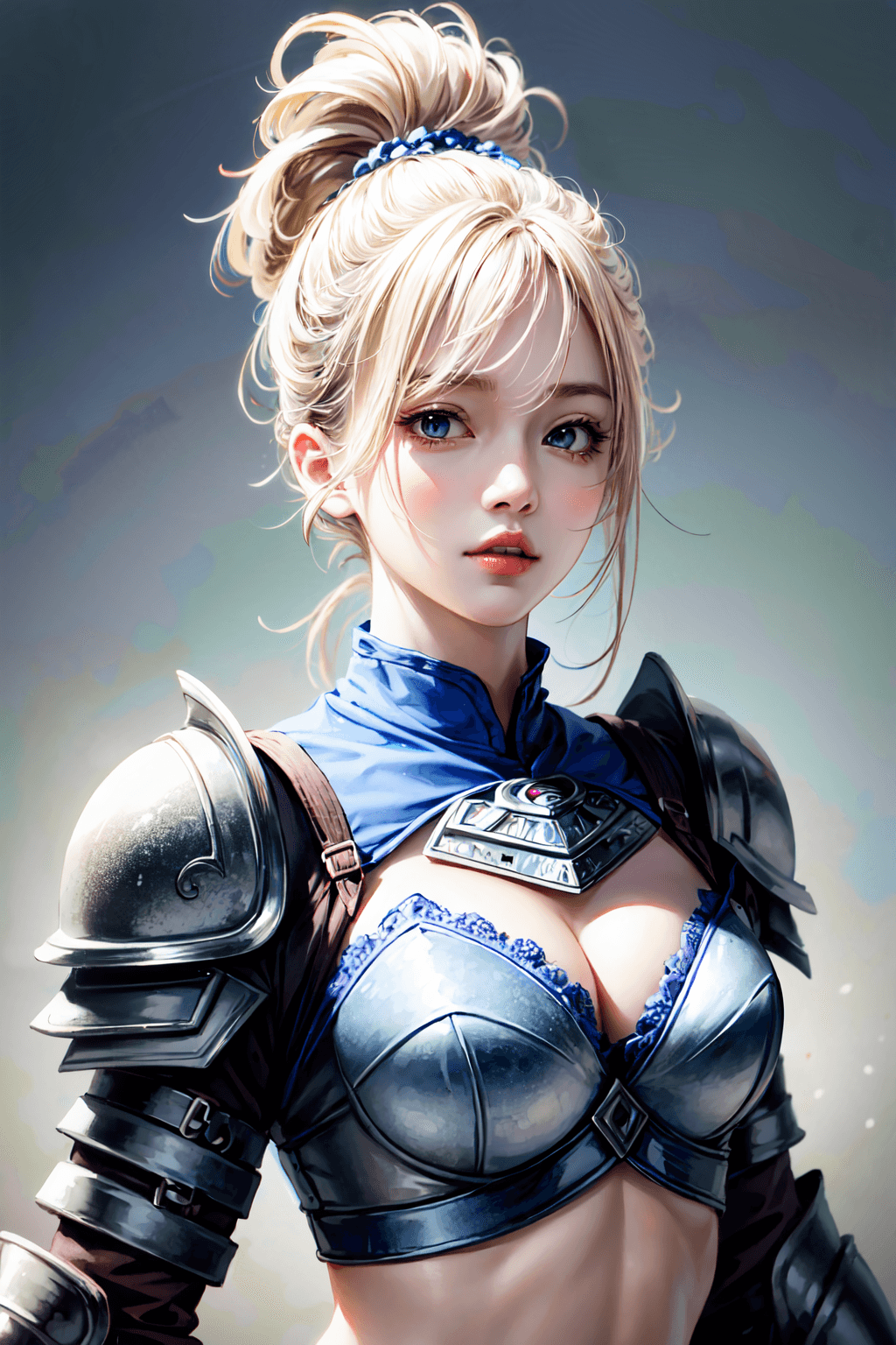 AI generated: white hair, intricate azure armor, detailed gorgeous face, beautiful young South Korean girl, medium...